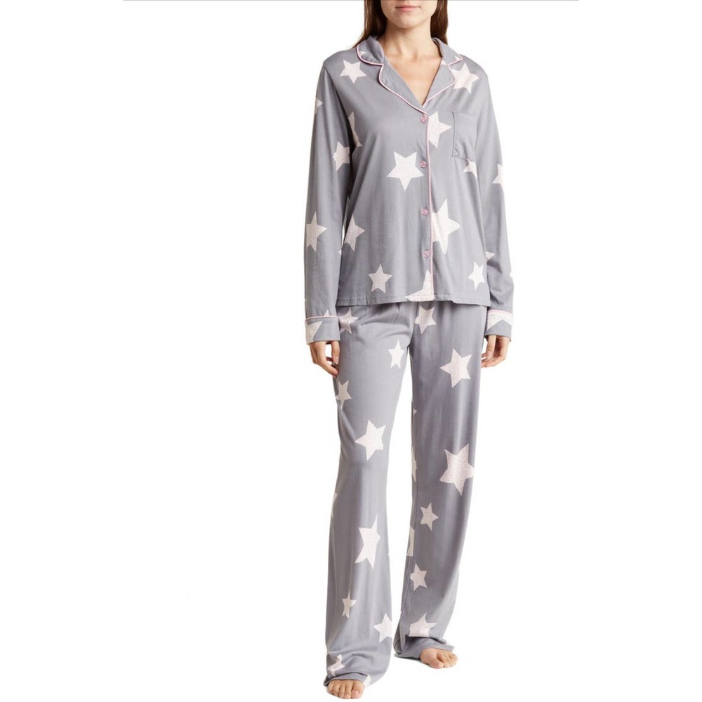 NWT PJ Salvage Long Sleeve Star Leopard Print Button-Up Shirt/Pants Pajamas (S)